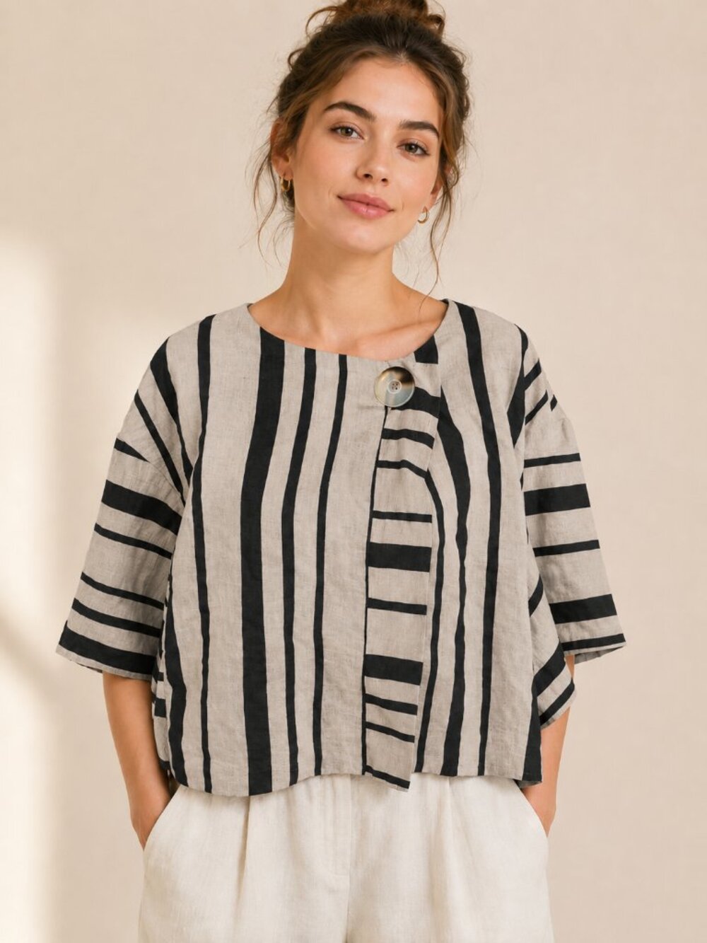 Alembika Striped Boxy Linen Cotton Blend Short Sleeve Lagenlook Artsy Top